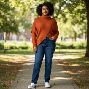 REVEL Women's Rust Orange Ribbed Cross Front Turtleneck Batwing Sweater Size:XL